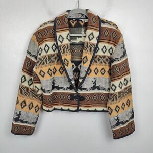 Vintage‎ Flashback Jacket Women Medium Tribal Print Deer Brown Tan Button Front